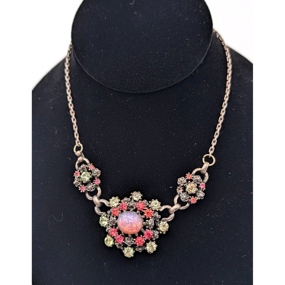 Vintage Coro Faux Opal Rhinestone Necklace Pink Green Floral Silver Tone Retro - Picture 1 of 8